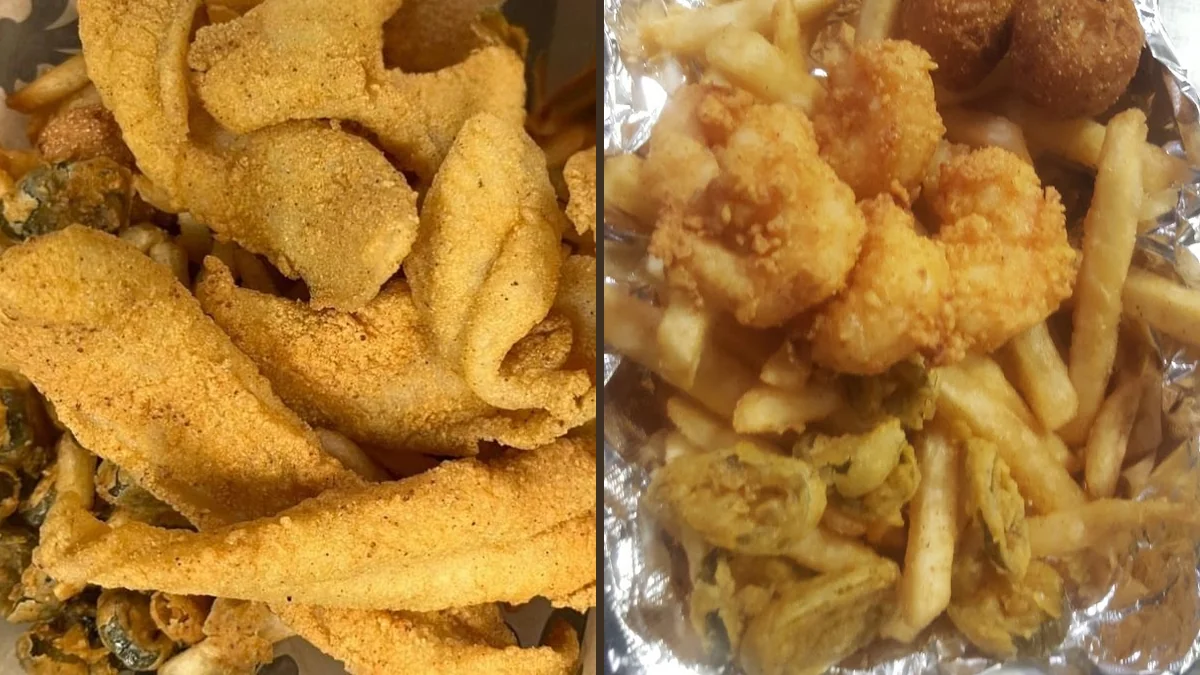 Fried seafood on a simple tray.